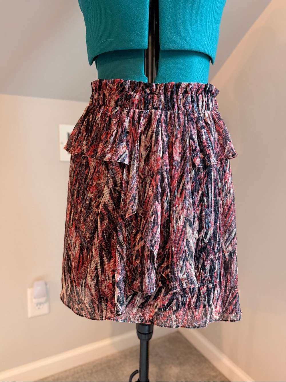 IRO Pink, Black & Cream Printed Ruffle Mini Skirt